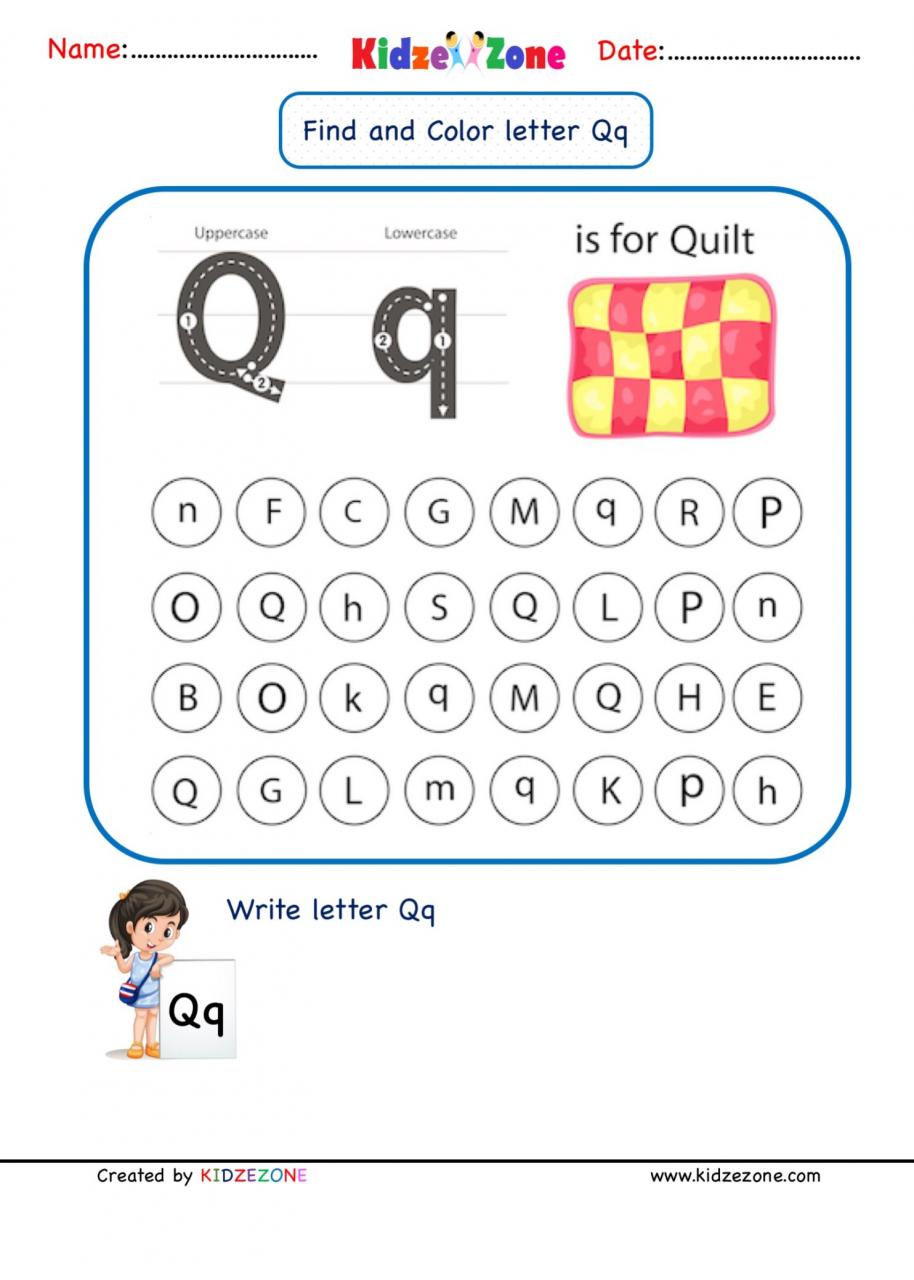 Kindergarten Letter Q worksheets - Find and Color - KidzeZone
